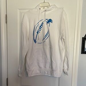 White Detroit Lions Hoodie with Blue Football Graphic